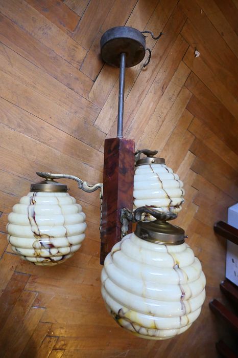 Lustra Lustre Art Deco Ornamente Lemn Metal Bronz Sticla Vintage Retro