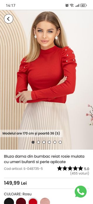 Bluza din bumbac reiat roșie mulată cu umeri bufanți și perle aplicate