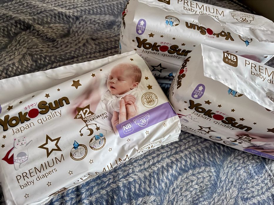 Продам 3 пачки подгузников Yokosun Premium NB(0-5кг)