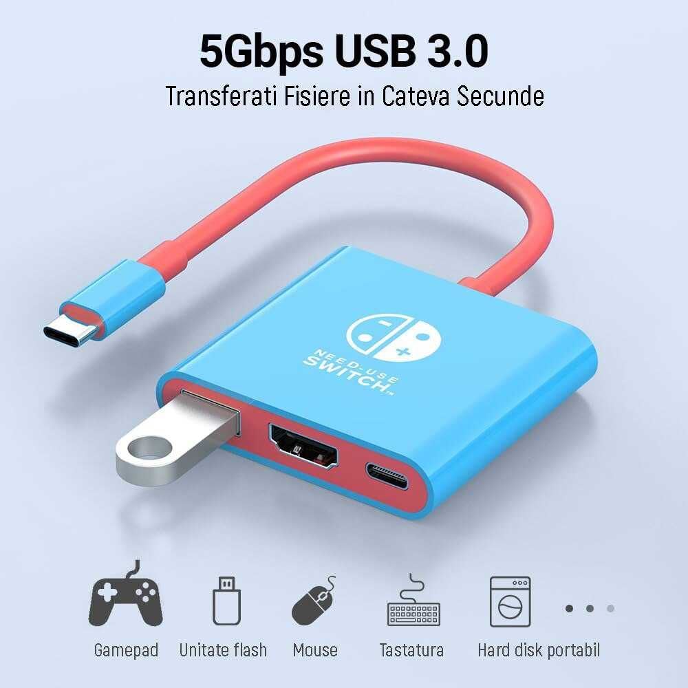 Adaptor Dock TV pentru Nintendo Switch, USB 3.0, PD 100W, 4K, 3 in 1