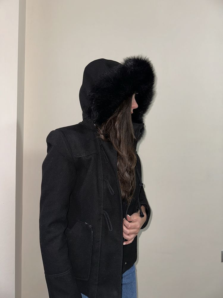 Черно яке / палто с естественкосъм от лисица