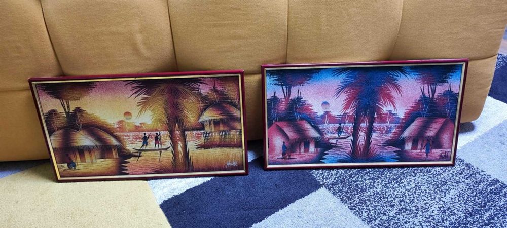 Doua tablouri cu picturi africane pe nisip, arta africana  originala