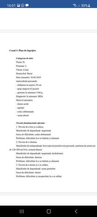 Proiect diplomă: Îngrijirea sugarului cu boală diareică acută