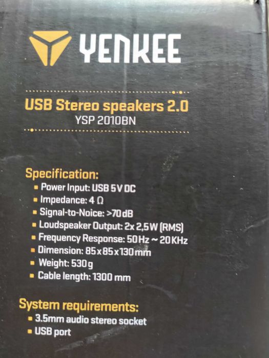 Чисто нови USB стерео колонки Yenkee YSP 2010BN - 5W (2 x 2.5W RMS)