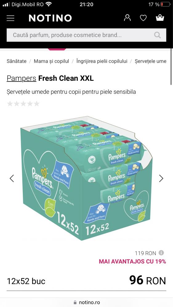 Servetele umede Pampers Fresh Clean XXL box, 12 x 52, 624 buc