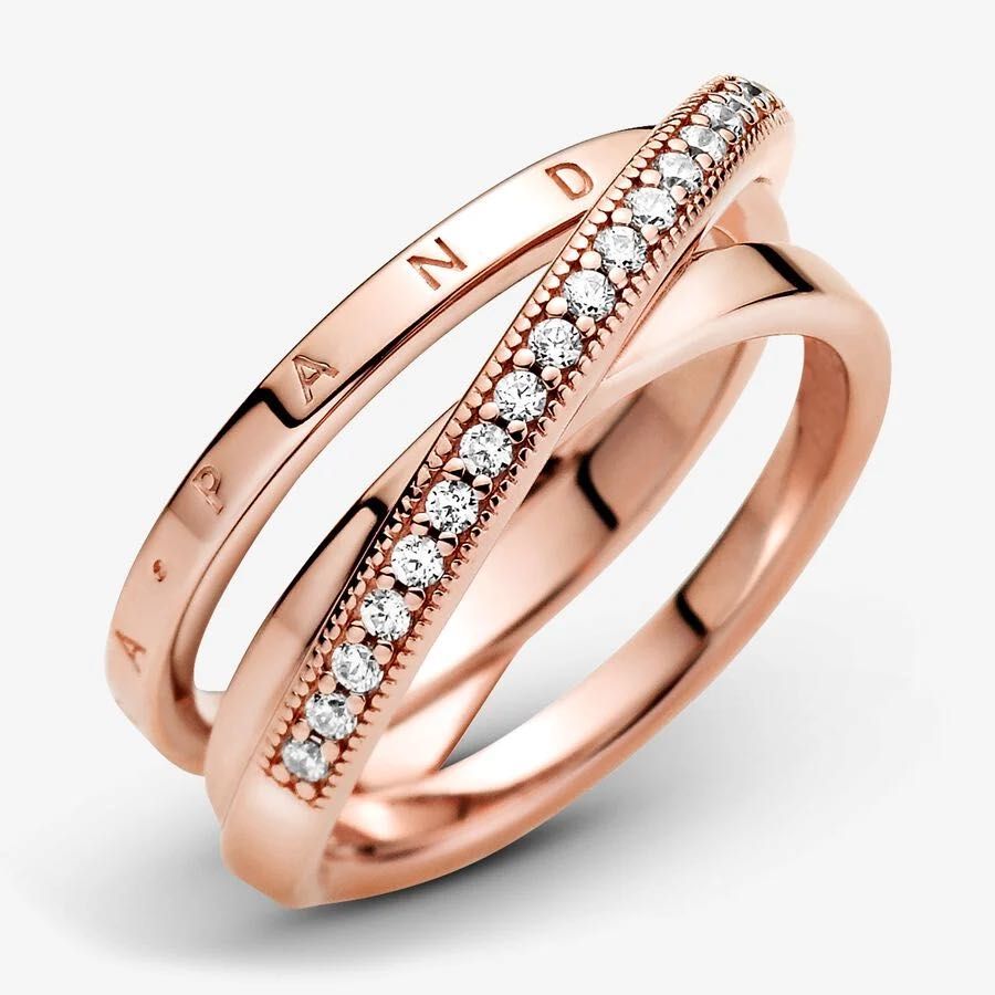 Inel Pandora cu benzi triple pavé încrucișate, placat cu aur 14k