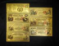 Коллекция сувенирных Долларов США 24k Gold. 7 банкнот