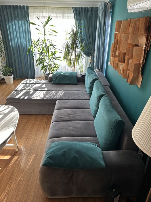 Vand coltar living gri extensibil cu lada de depozitare 310x210 cm,