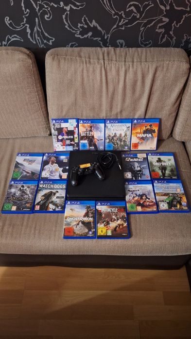 Playstation 4 slim + 14 игри и 1 джойстик