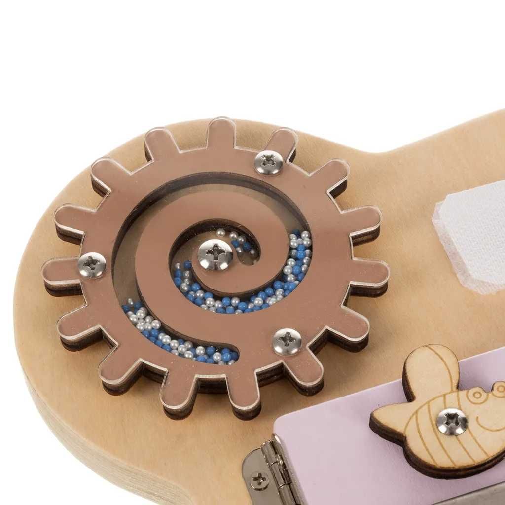 Placa senzoriala de lemn tip Montessori,Busy Board Teddy Bear,39x30 cm