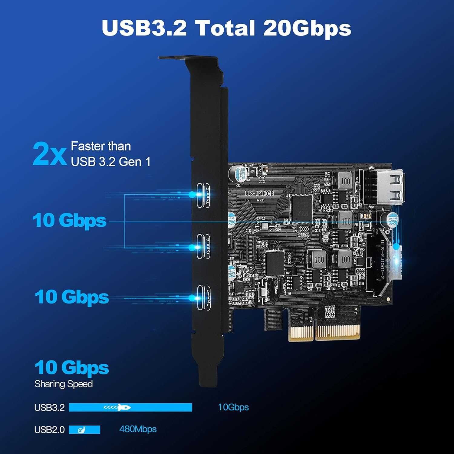 USB C PCIe карта 5 порта PCIe 4X към USB 3.2 Gen2 10 Gbps с 3 USB C