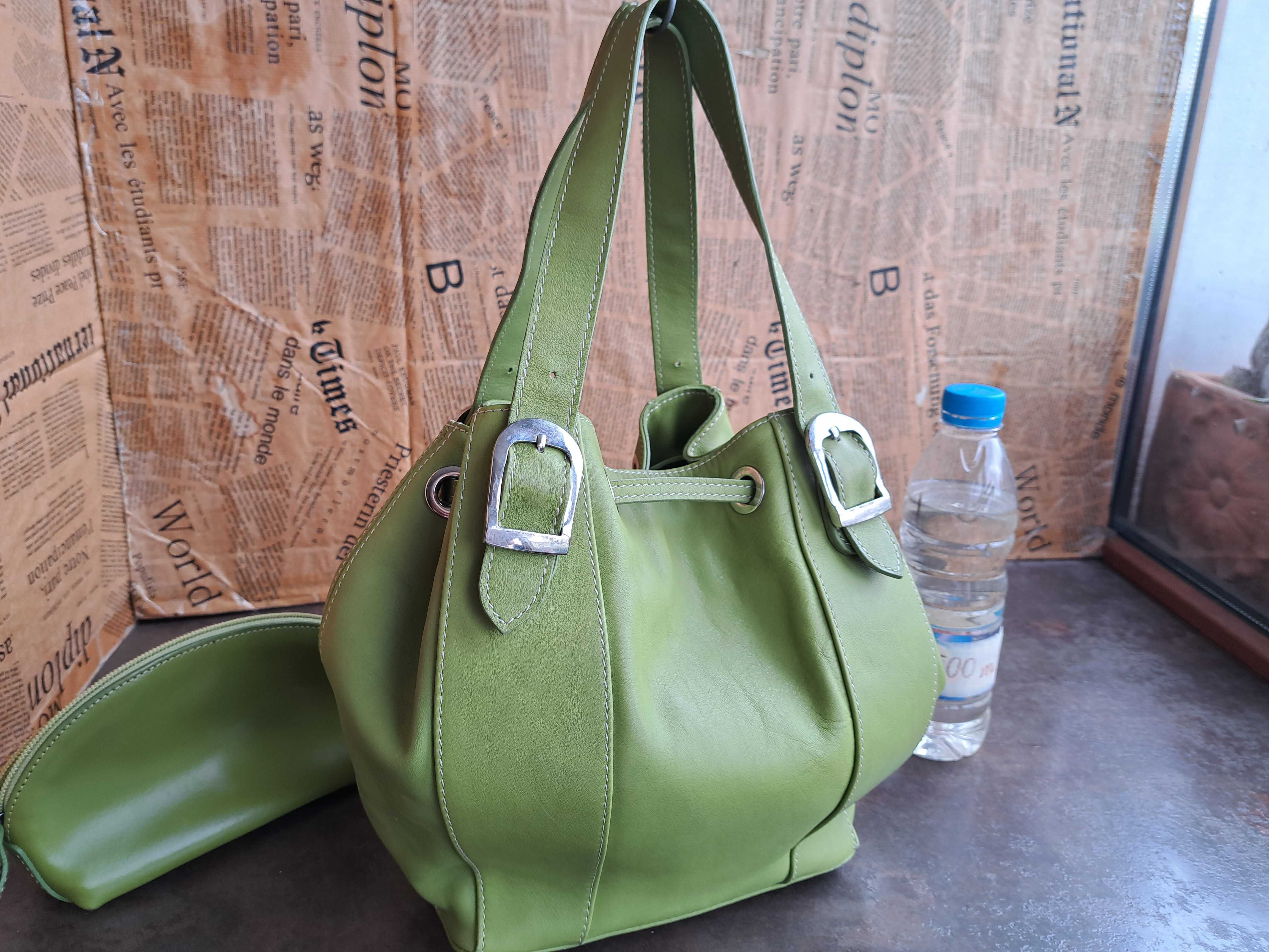 Нова!грахово зелена кожена чанта-естествена кожа