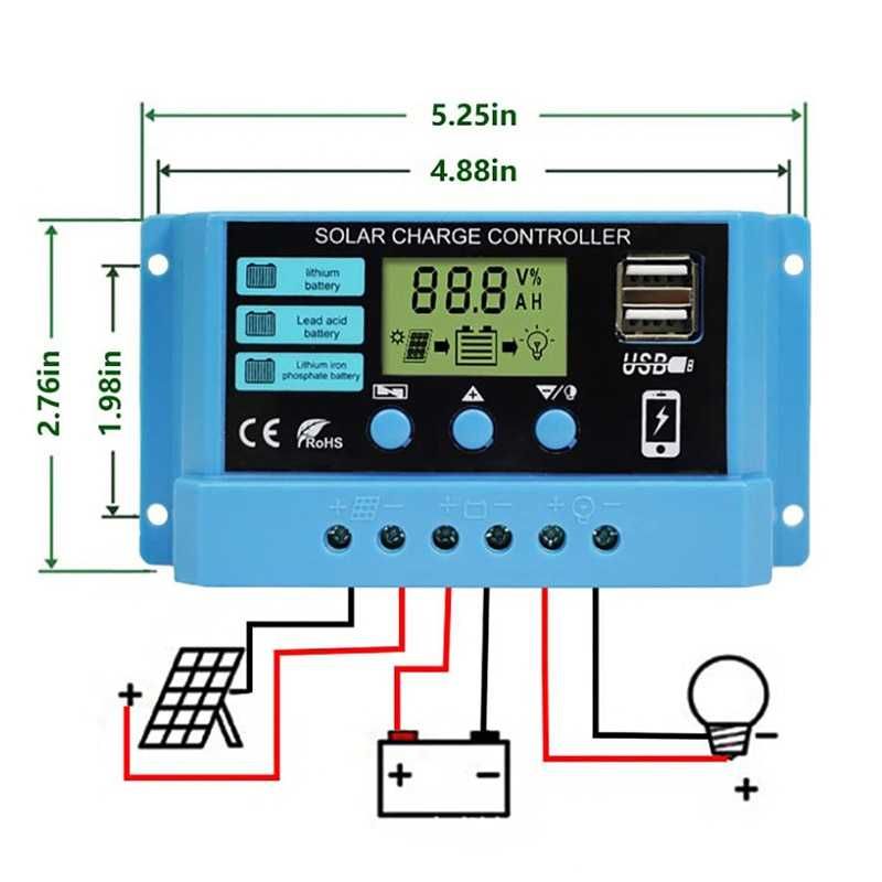 30A PWM соларно зарядно соларен контролер 12/24 с две USB x2a