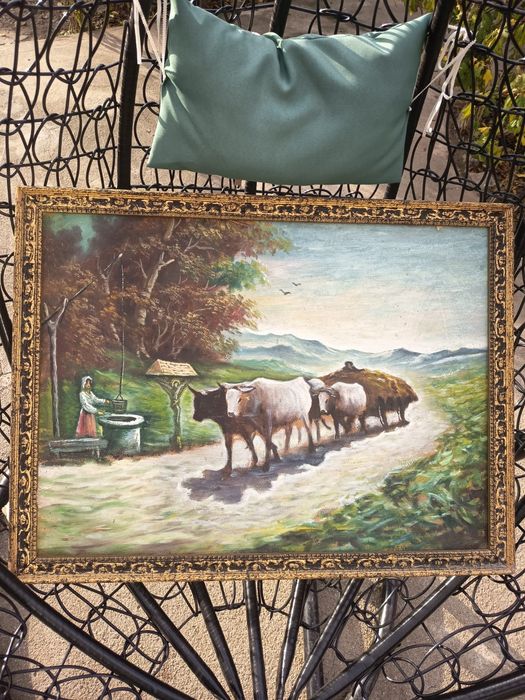 Tablou Vechi Romanesc "Car Cu Boi" Pictat