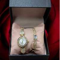подаръчен комплект часовник с гривна в нежен дизайн с камъни циркони