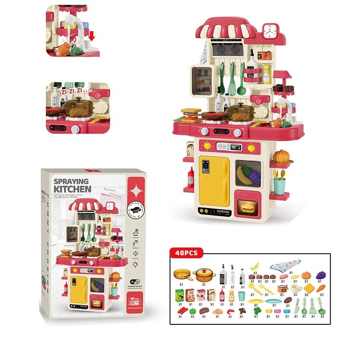 Кухня със светещи котлони, пара и мивка с течаща вода