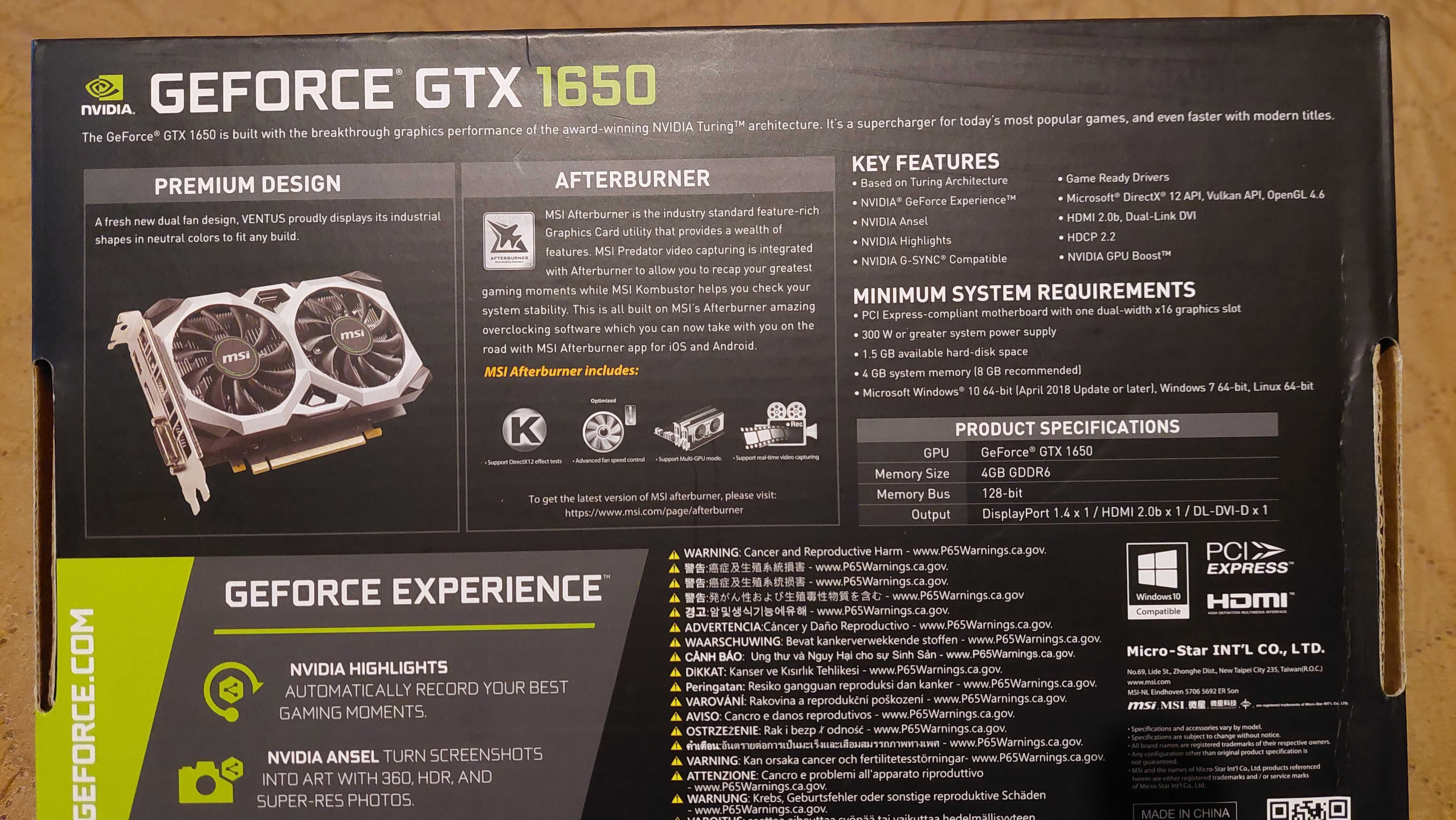 MSI Geforce GTX 1650 VENTUS XS, 4GB GDDR6, 128 bit