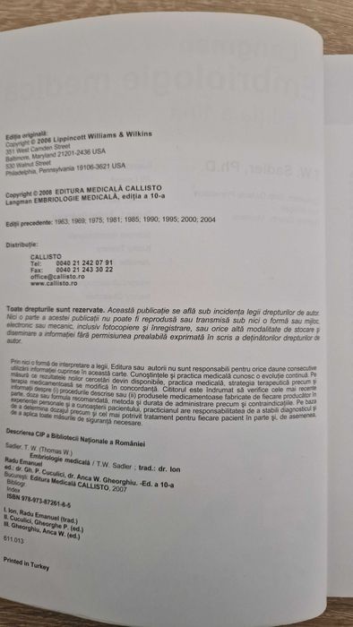 Langman Embriologie Medicală , T.W. Sadler, Ediția a 10-a, Română
