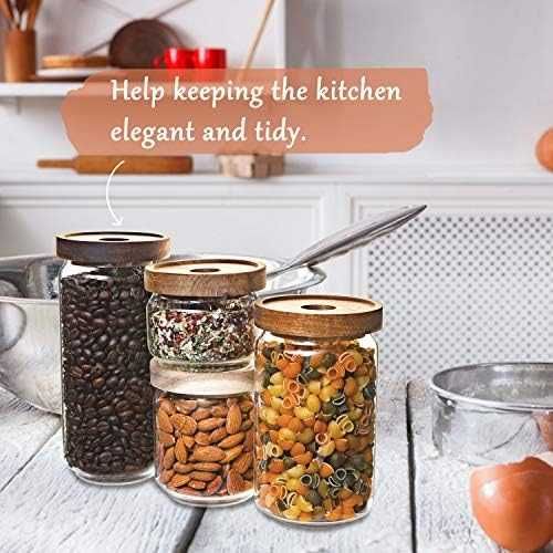 Комплект 4 стъклени контейнера за съхранение на храни с дървен капак