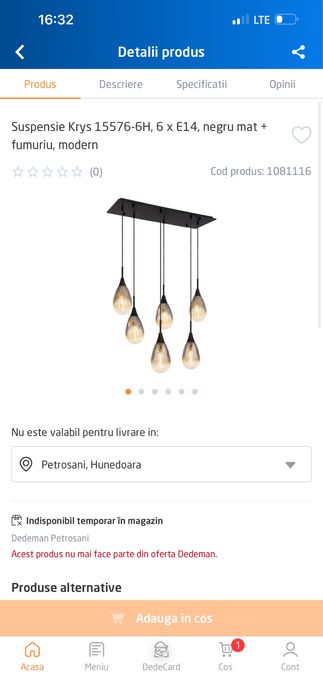 Suspensie Krys 15576-6H, 6 x E14, negru mat + fumuriu, modern