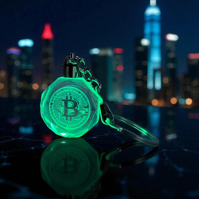 Breloc LED Bitcoin din sticlă – iluminare multicolor, ediție premium