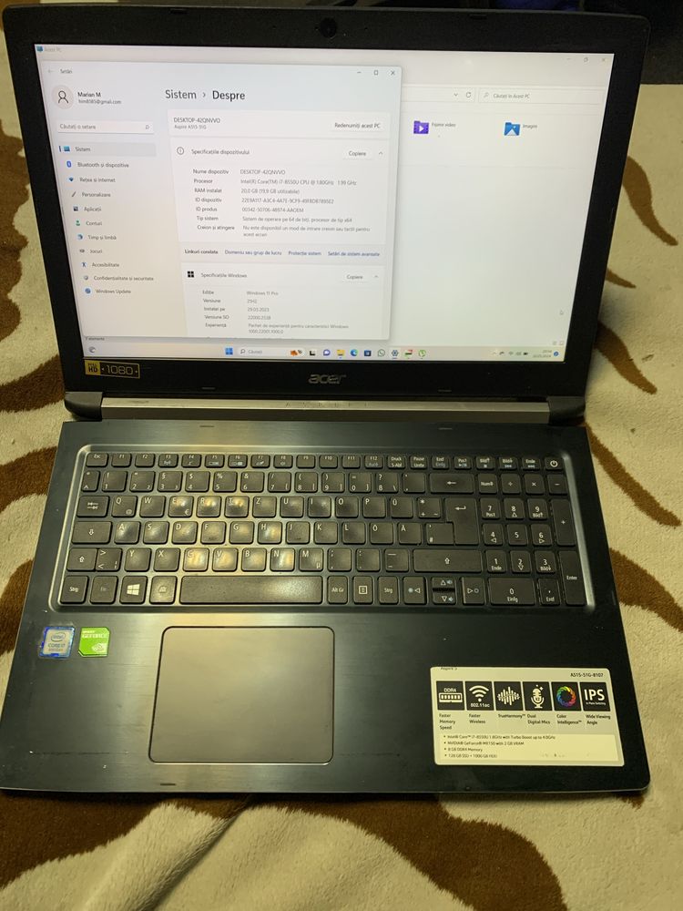 Laptop Acer Aspire5 i7-8th ,20Gb ,video 2gb hdd 1000gb
