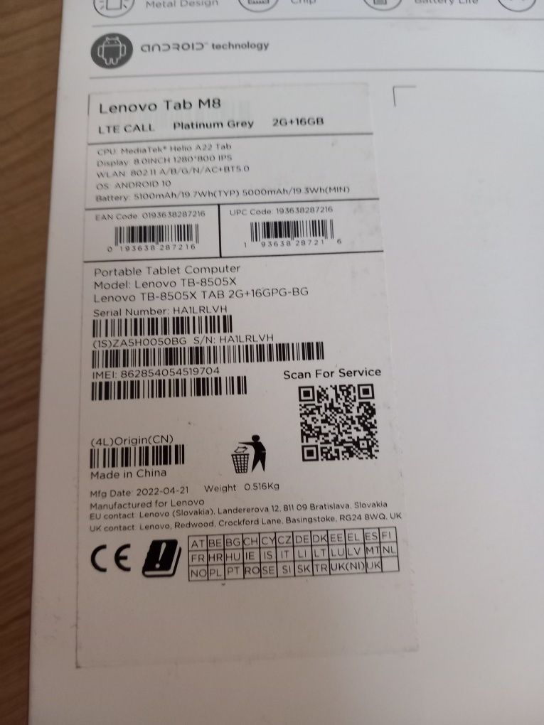Lenovo Tab M8 platinum Grey