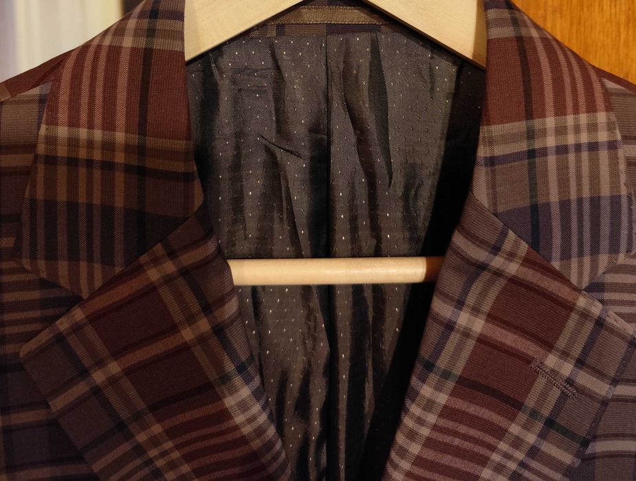 Sacou blazer slim 52 XL premium Bigotti NOU lana 100% carouri grena