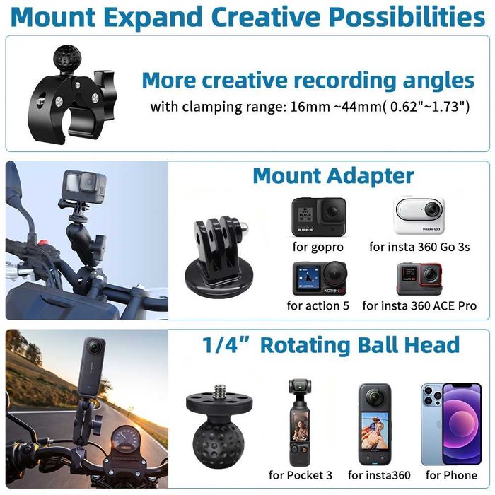 Set prindere moto: selfie stick + 2x clema dubla pt Insta360 GoPro DJI
