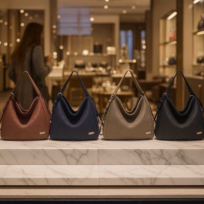 Велурена дамска чанта с декоративни ленти и метални капси