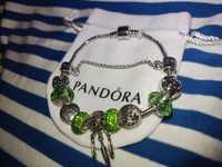 Скидка!Браслет Пандора Pandora с зелёным шармами