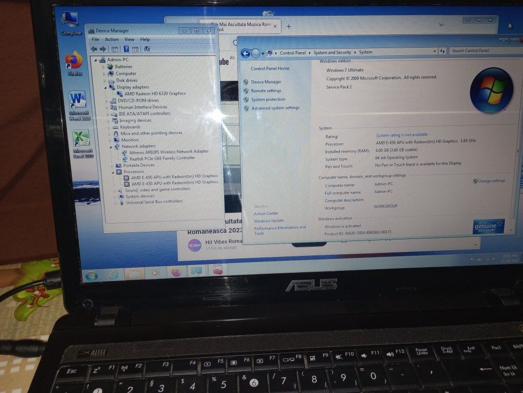 Laptop Asus,, 4 GB ram, HDMI, baterie ok, tester/ diagnoză auto