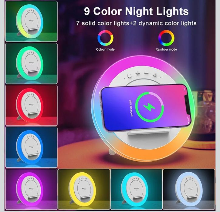 Нощна лампа Bluetooth високоговорител със светлина, безжично зарядно,