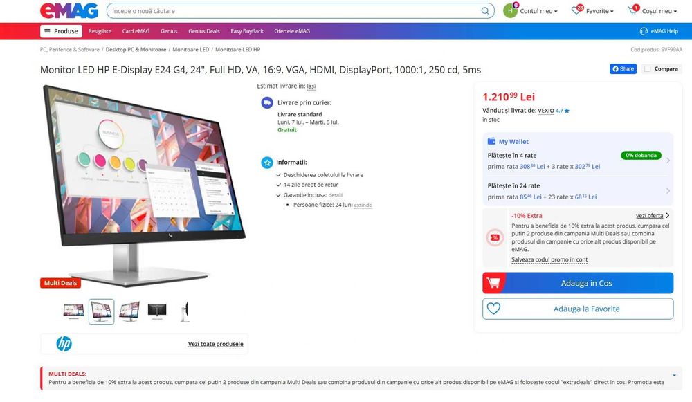 Monitor LED  HP  E24 G4  E-Display– nou, sigilat , business