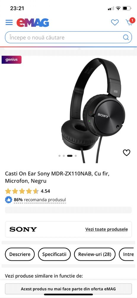 Casti On Ear Sony MDR-ZX110NAB, Cu fir, Microfon, Negru