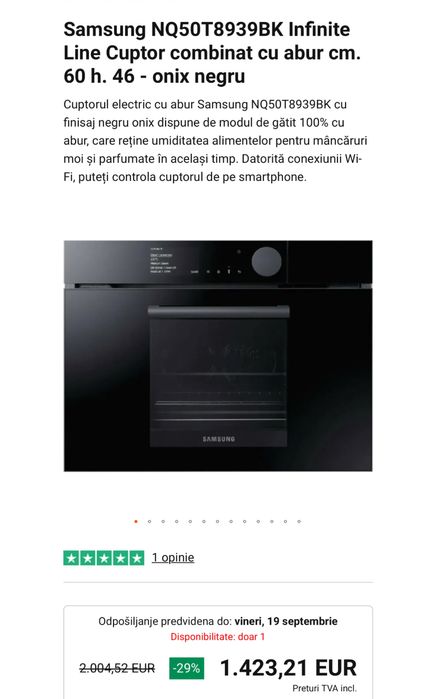 Cuptor incorporabil cu aburi si convectie  Samsung  NQ50T8939BK