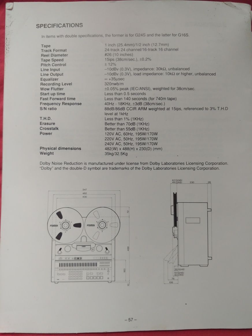 Manual Fostex G24S/G16S multitrack recorder reproducer