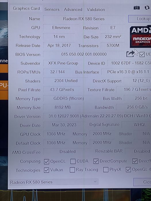 Placa video jocuri 8Gb 256 biti ATi XFX Rx 580