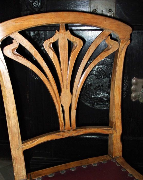 Set 6 scaune ”Art Nouveau” autentic din lemn sculptat cu piele GRENA