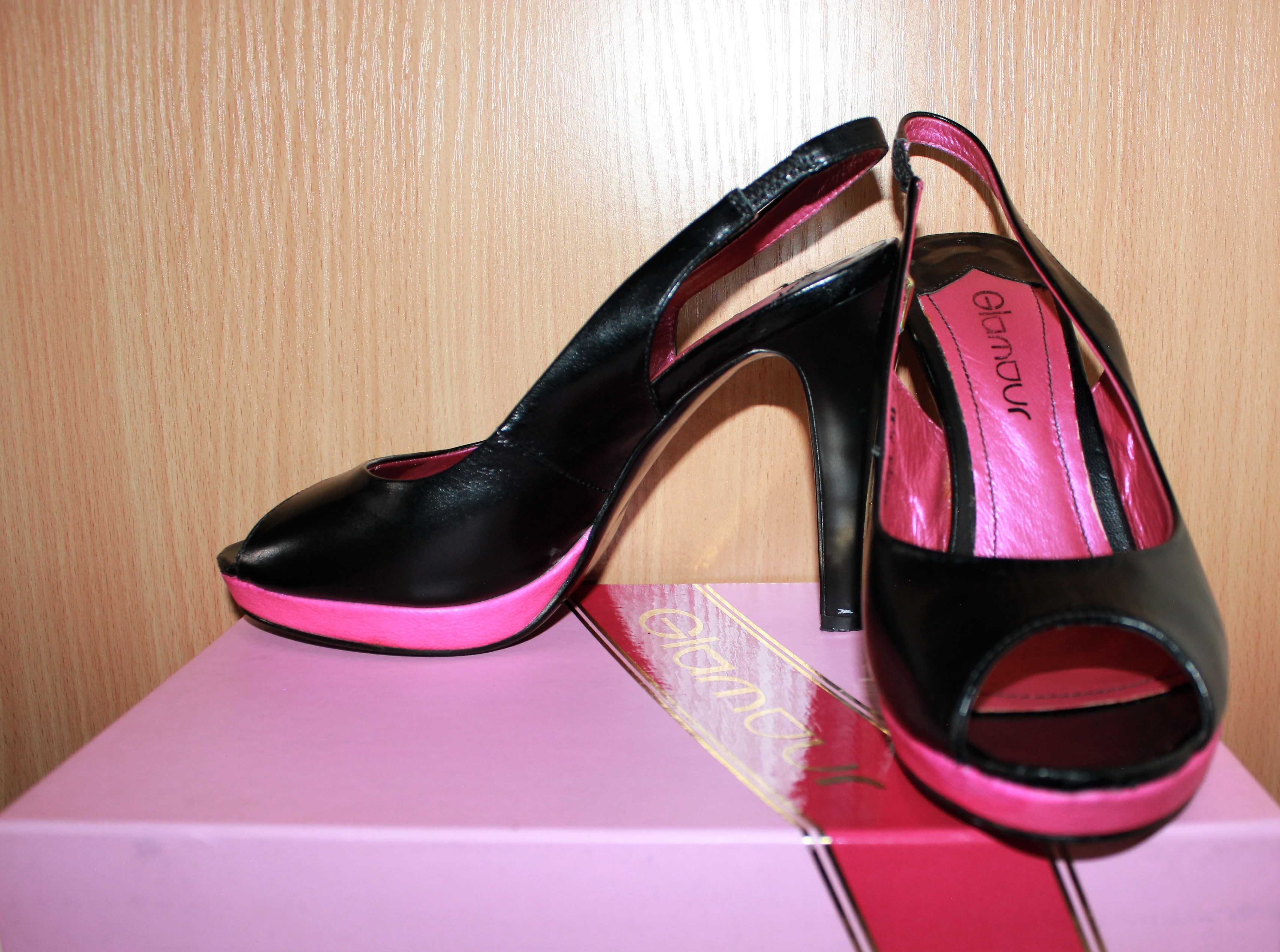 Туфли женские чёрно-розовые из натуральной кожи
