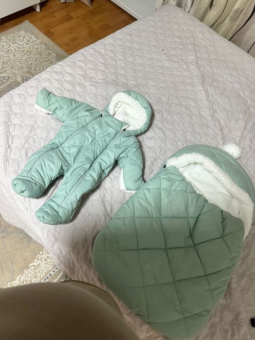 Зимний комплект кокон+комбез для малыша 1-3 месяца