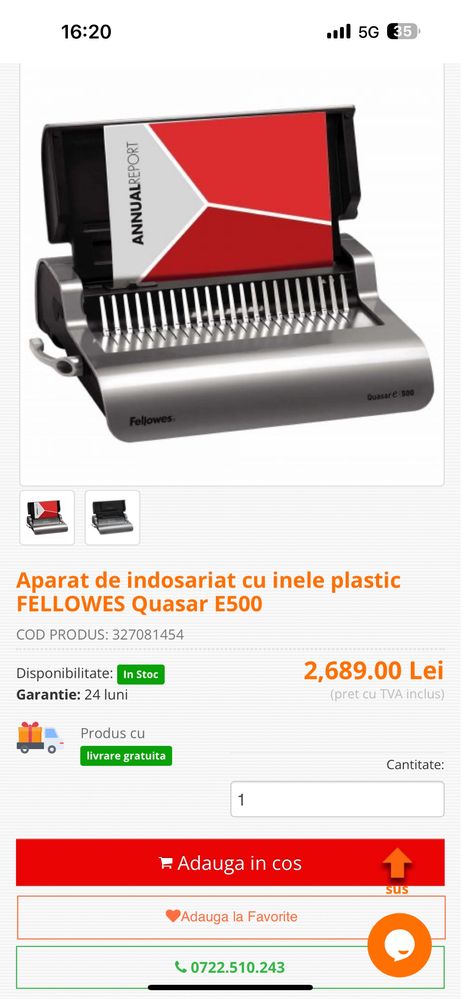 Aparat de indosariat cu inele plastic FELLOWES Quasar E500