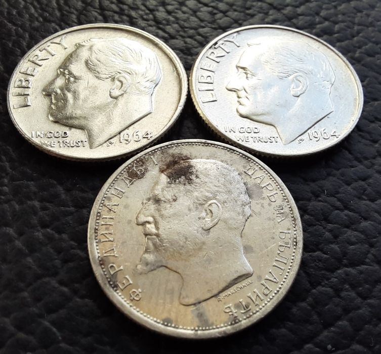 Стари сребърни монети даймове 1964 г.  САЩ  и 50 ст. 1913 г. БГ - топ