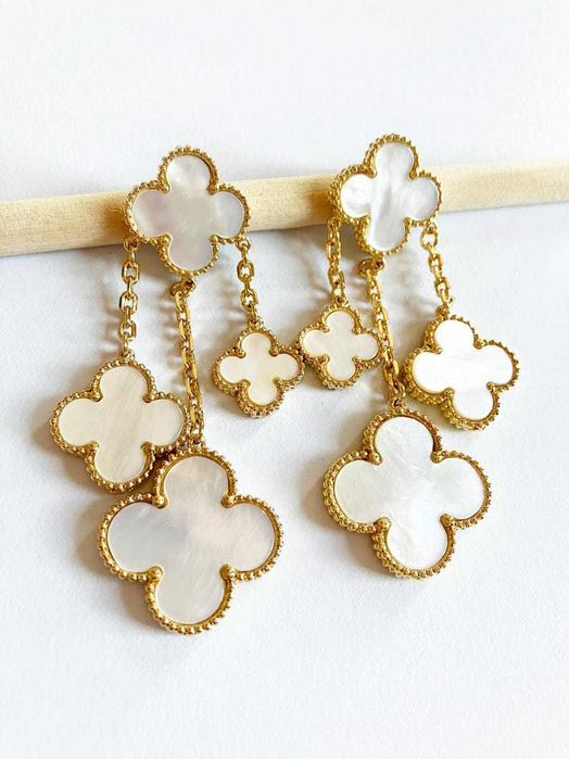 Луксозни дамски обеци с бели детелини Van Cleef – сребристи и златни