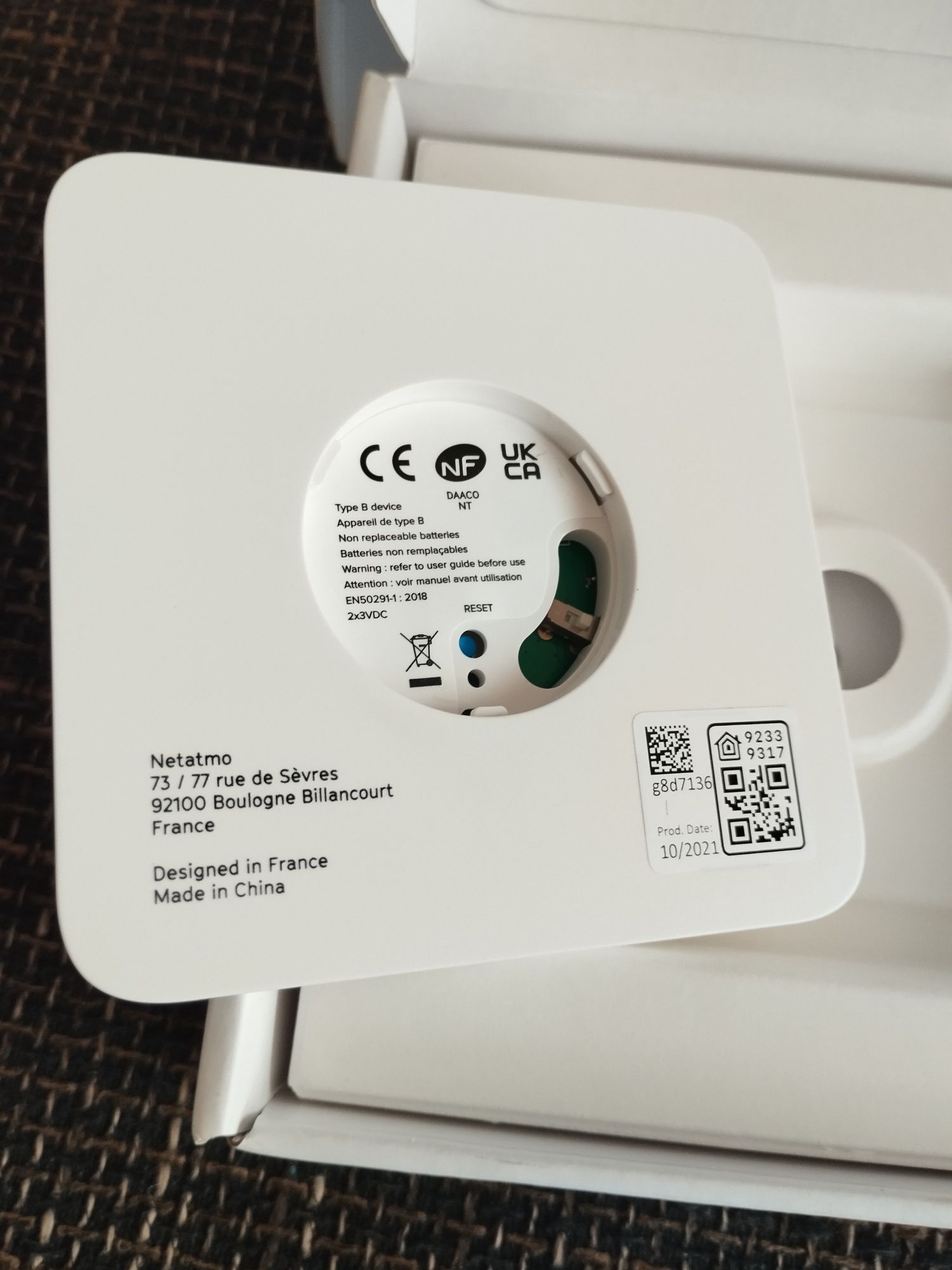 Senzor monoxid de carbon NETATMO NCO-EC, Wi-Fi, Bluetooth, alb