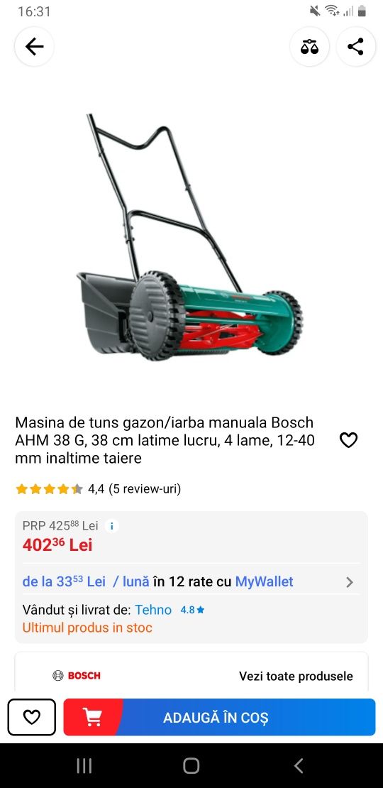 Masina de tuns gazon Bosch manuala AHM 38 G