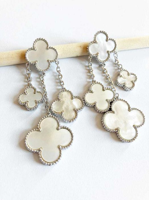 Луксозни дамски обеци с бели детелини Van Cleef – сребристи и златни