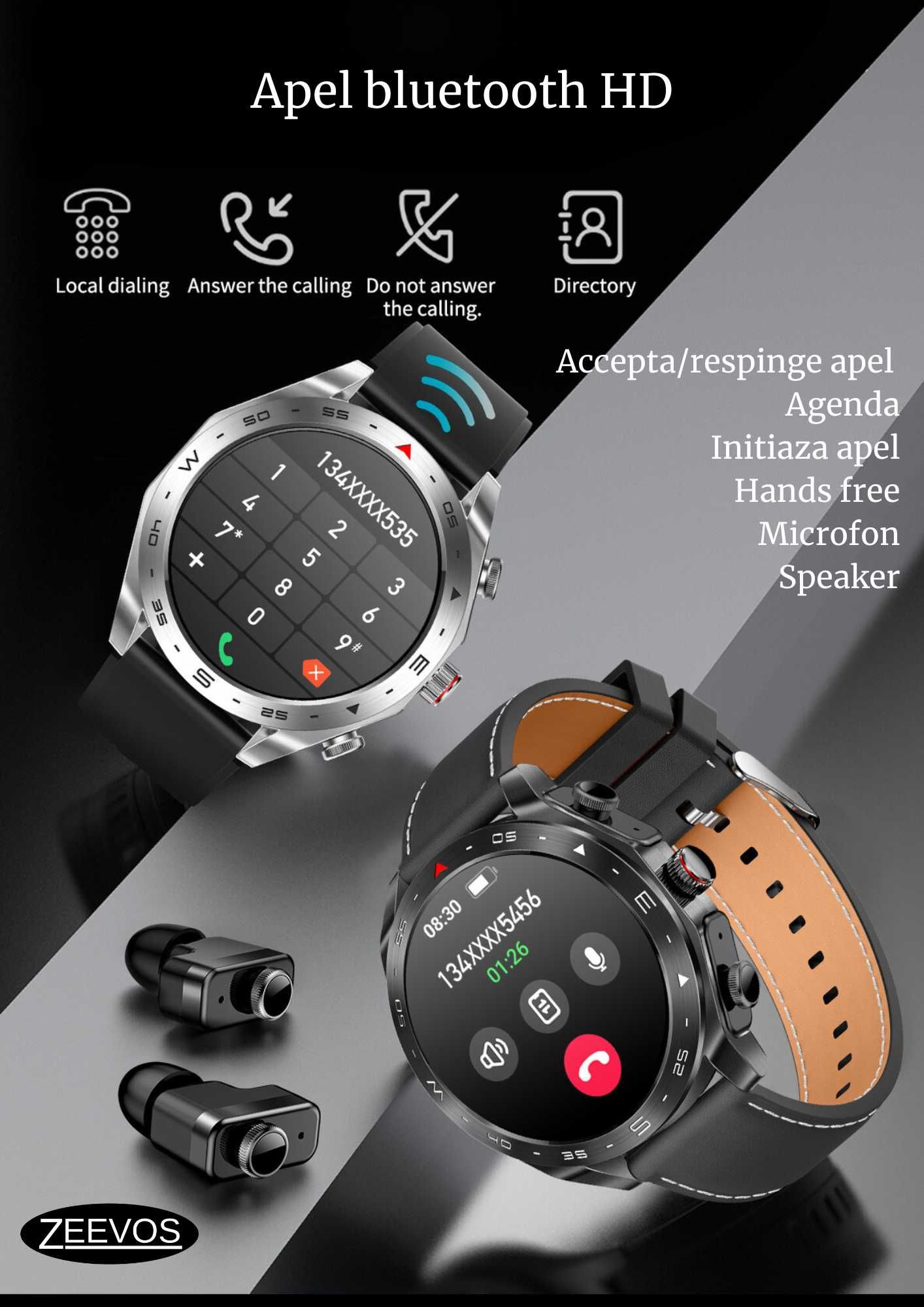 Smartwatch ZEEVOS t95 2in 1 cu casti bluetooth incorporate