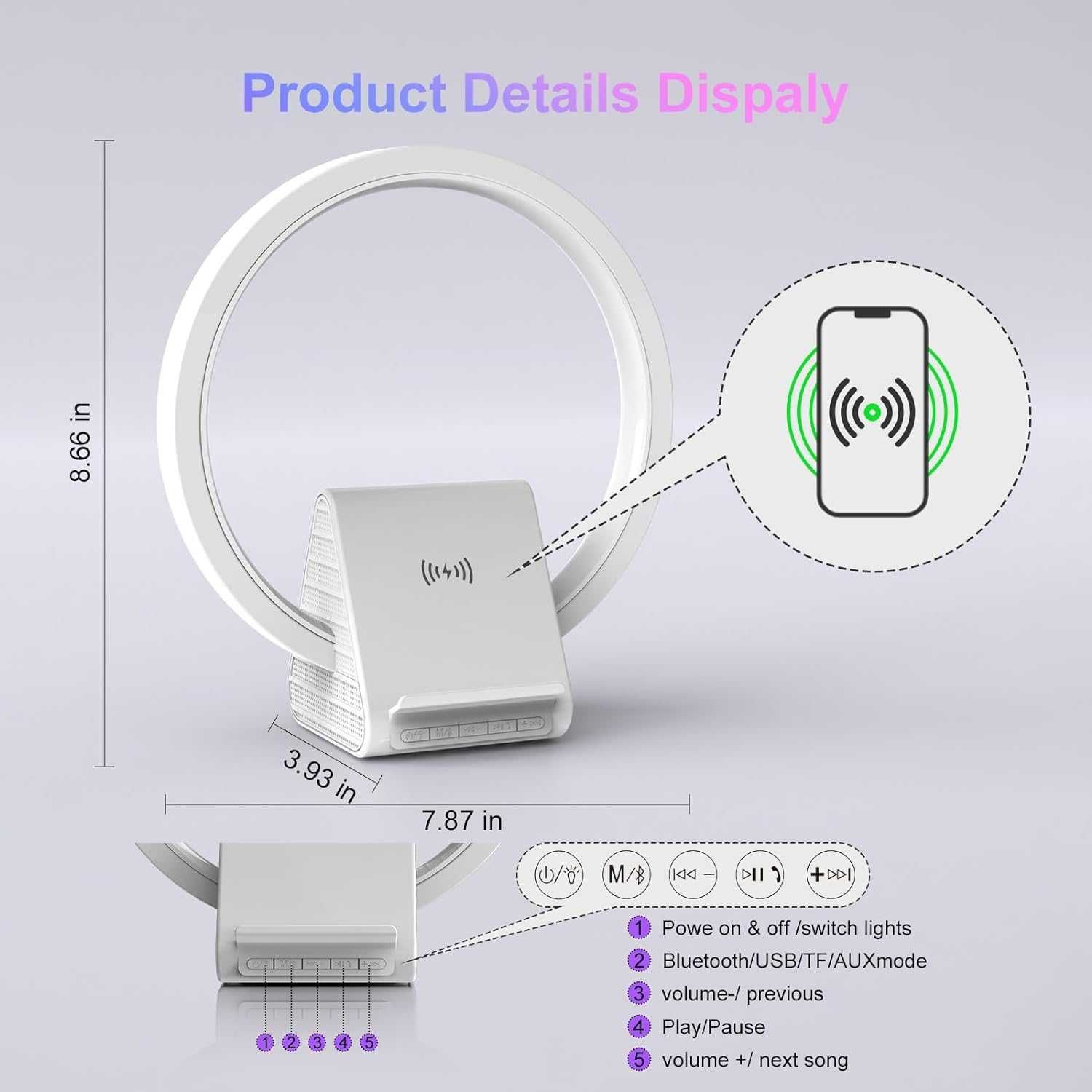 Нощна лампа и Bluetooth високоговорител AUYLE, 15 W безжично зареждане