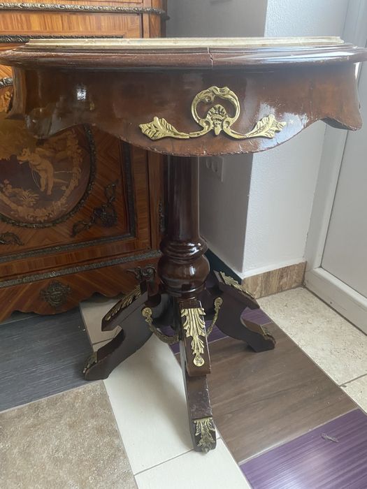 Masa Cafea Lemn Bronz Marmura Vintage